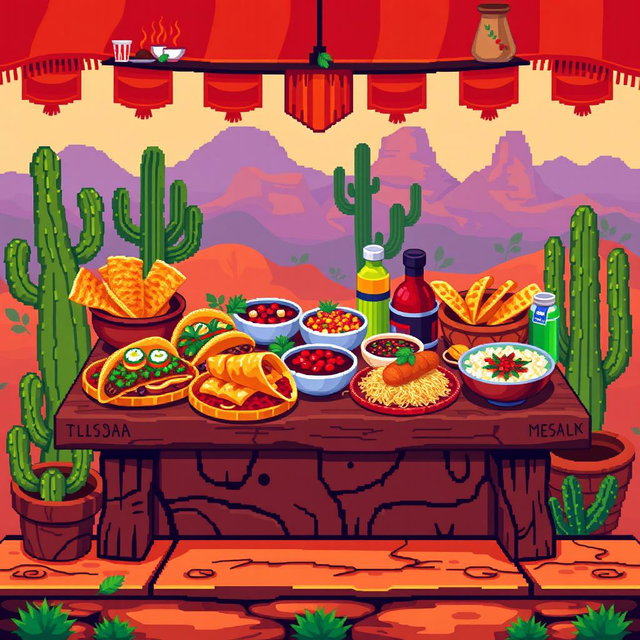 An 8x8 pixel art depiction of a vibrant mesa food scene
