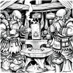 A detailed black and white drawing depicting three dwarven blacksmiths collaborating to craft a magical hammer