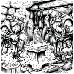 A detailed black and white drawing depicting three dwarven blacksmiths collaborating to craft a magical hammer