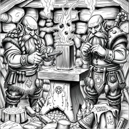 A detailed black and white drawing depicting three dwarven blacksmiths collaborating to craft a magical hammer