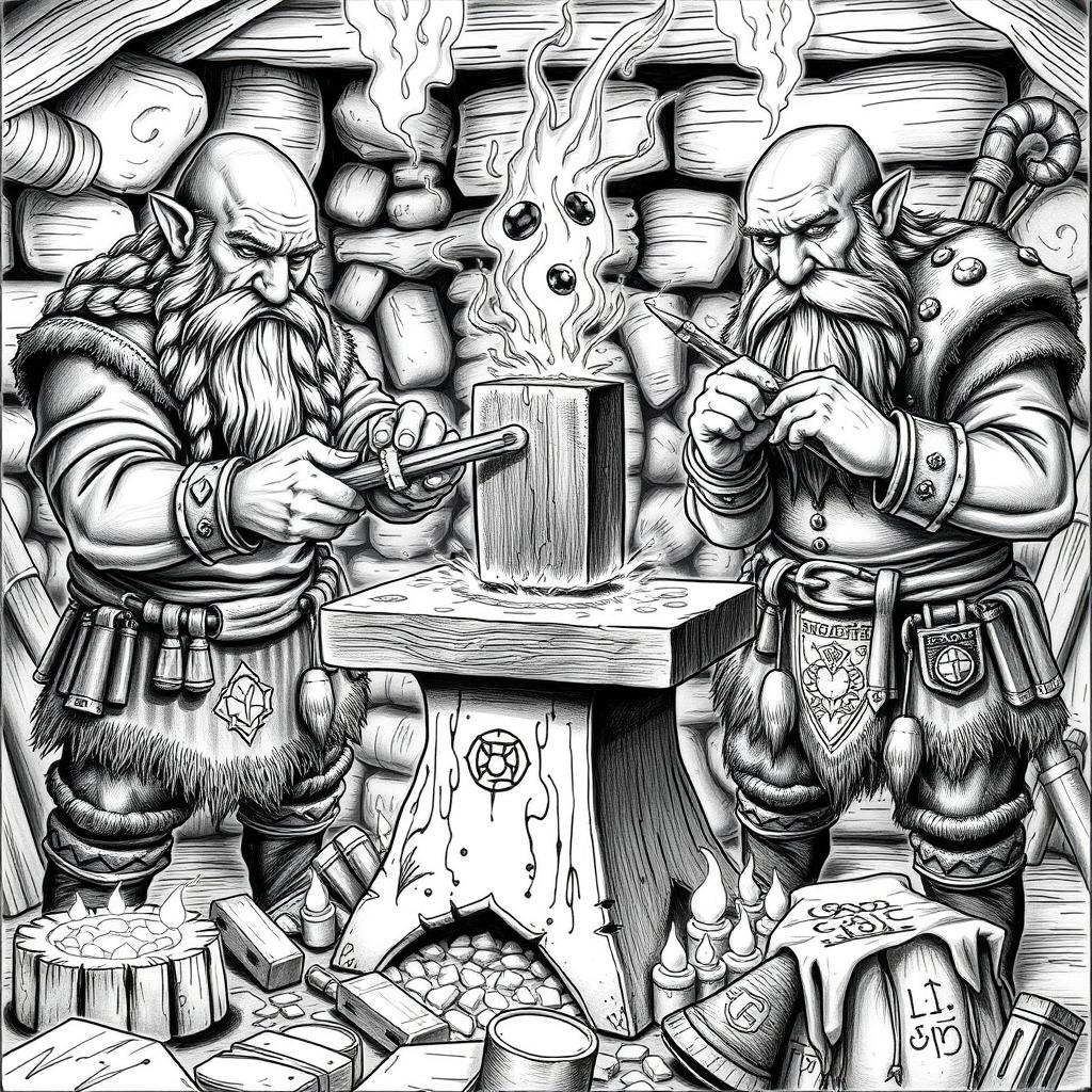 A detailed black and white drawing depicting three dwarven blacksmiths collaborating to craft a magical hammer