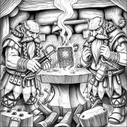 A detailed black and white drawing depicting three dwarven blacksmiths collaborating to craft a magical hammer