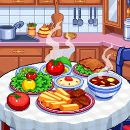 A vibrant pixel art scene depicting a beautifully arranged table filled with various kinds of delicious food