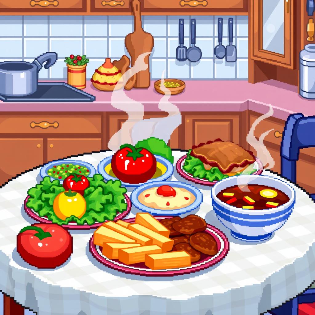 A vibrant pixel art scene depicting a beautifully arranged table filled with various kinds of delicious food