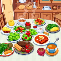A vibrant pixel art scene depicting a beautifully arranged table filled with various kinds of delicious food