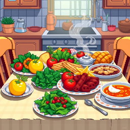 A vibrant pixel art scene depicting a beautifully arranged table filled with various kinds of delicious food
