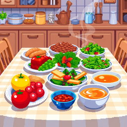 A vibrant pixel art scene depicting a beautifully arranged table filled with various kinds of delicious food