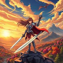 A vibrant anime scene featuring a fierce female warrior clad in shiny armor, wielding a glowing sword, standing atop a rocky cliff overlooking a fantastical landscape filled with colorful forests and rolling hills