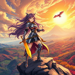A vibrant anime scene featuring a fierce female warrior clad in shiny armor, wielding a glowing sword, standing atop a rocky cliff overlooking a fantastical landscape filled with colorful forests and rolling hills
