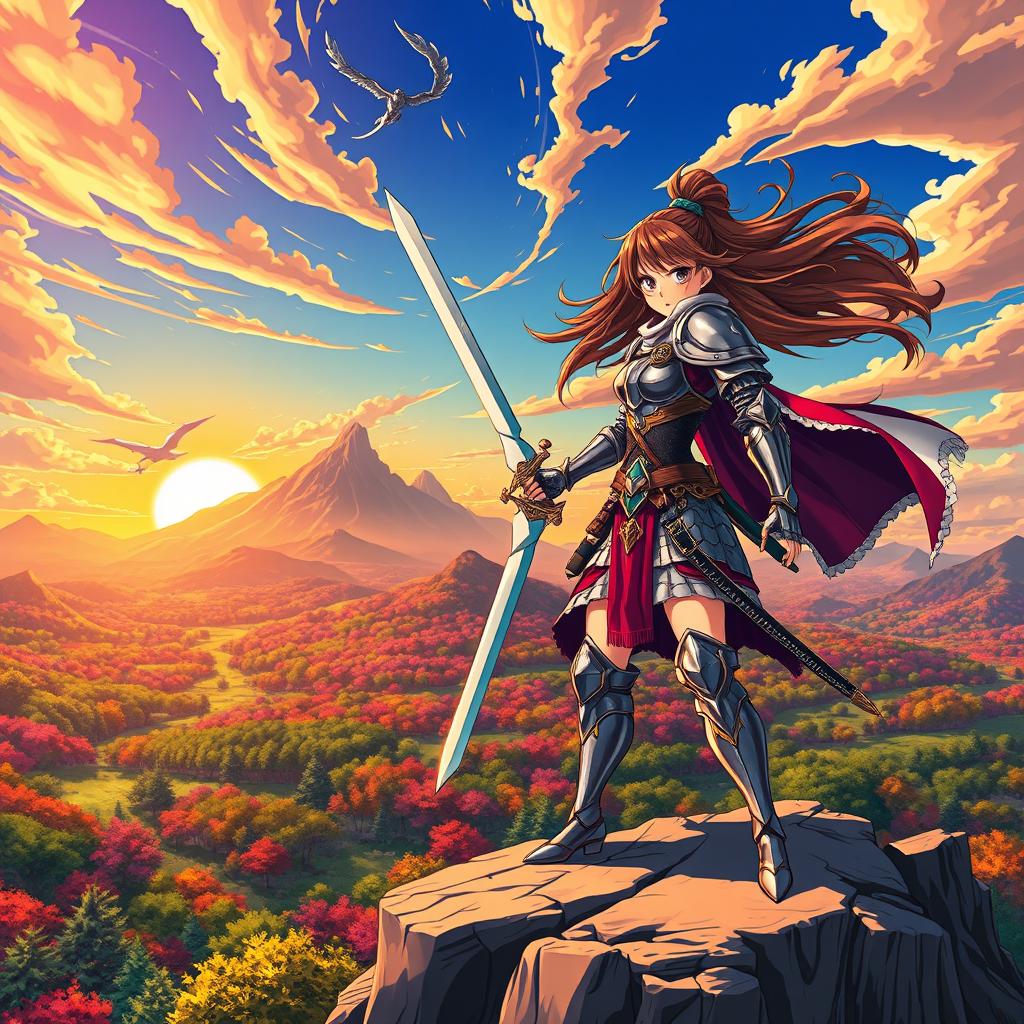 A vibrant anime scene featuring a fierce female warrior clad in shiny armor, wielding a glowing sword, standing atop a rocky cliff overlooking a fantastical landscape filled with colorful forests and rolling hills