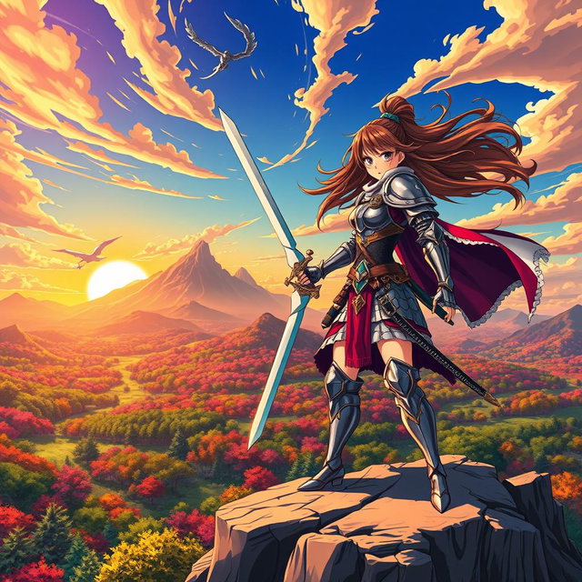 A vibrant anime scene featuring a fierce female warrior clad in shiny armor, wielding a glowing sword, standing atop a rocky cliff overlooking a fantastical landscape filled with colorful forests and rolling hills