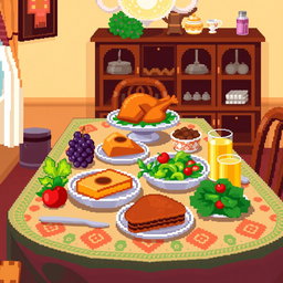 An 8x8 pixel art depiction of a beautifully arranged dining table filled with a variety of delicious foods