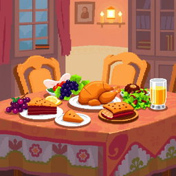 An 8x8 pixel art depiction of a beautifully arranged dining table filled with a variety of delicious foods