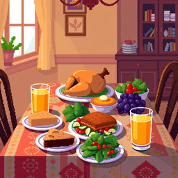 An 8x8 pixel art depiction of a beautifully arranged dining table filled with a variety of delicious foods