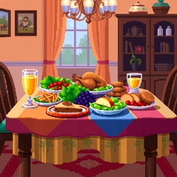 An 8x8 pixel art depiction of a beautifully arranged dining table filled with a variety of delicious foods
