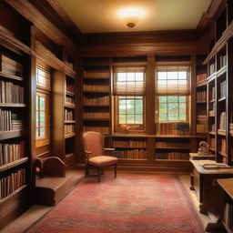 A traditional school library filled with rows of old wooden bookshelves, filled with an array of colorful books. A cozy reading area is set up, with comfortable chairs and warm lighting.