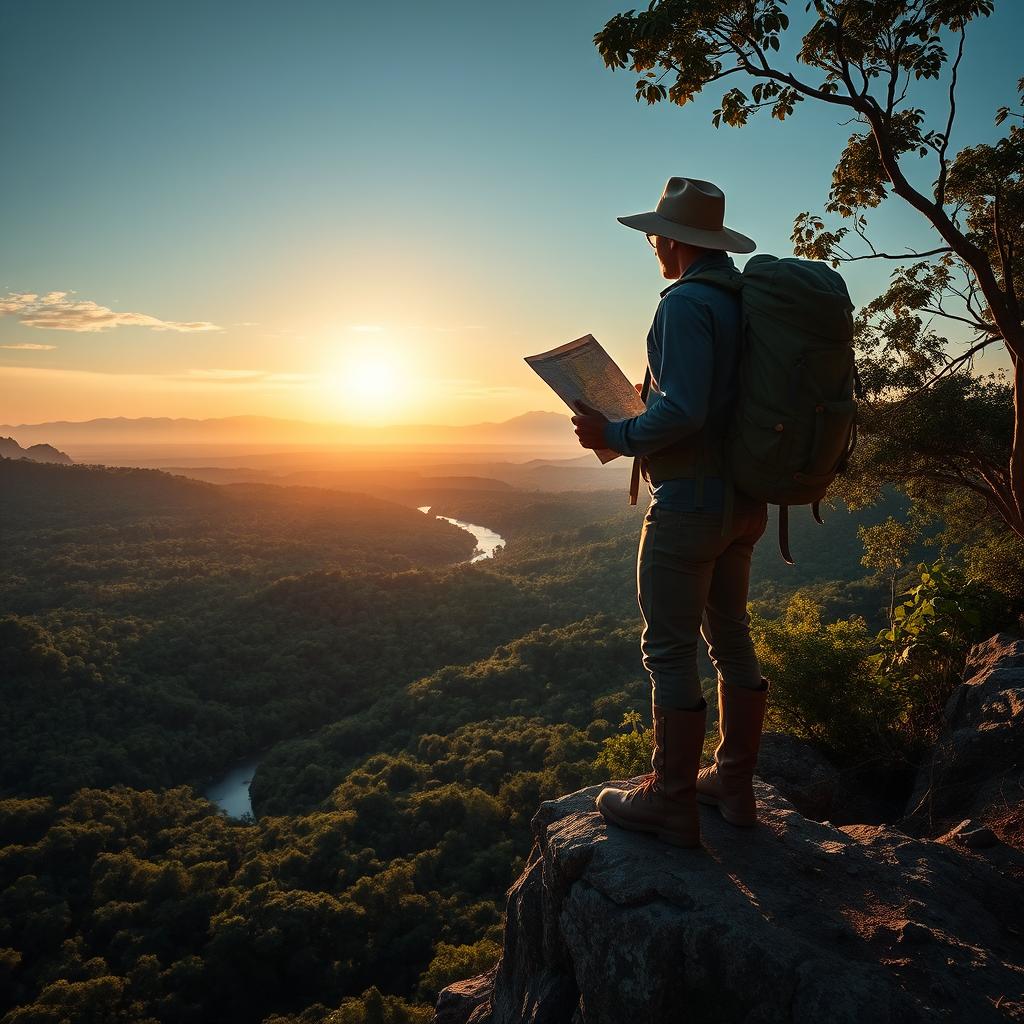 An adventurous explorer standing on a rocky cliff overlooking a vast, uncharted jungle