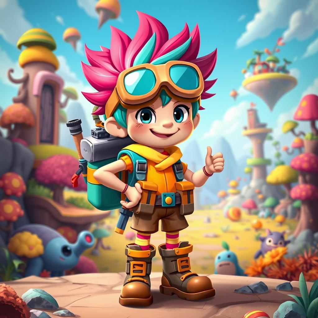A vibrant and whimsical main character for a cartoon adventure game