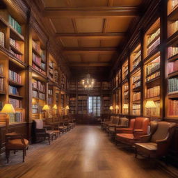 A traditional school library filled with rows of old wooden bookshelves, filled with an array of colorful books. A cozy reading area is set up, with comfortable chairs and warm lighting.