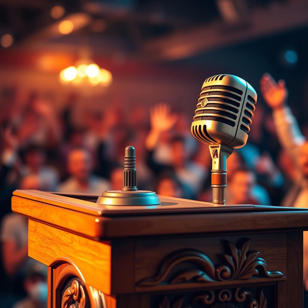 A beautifully designed souvenir representing public speaking, featuring a vintage microphone and a wooden podium adorned with intricate carvings