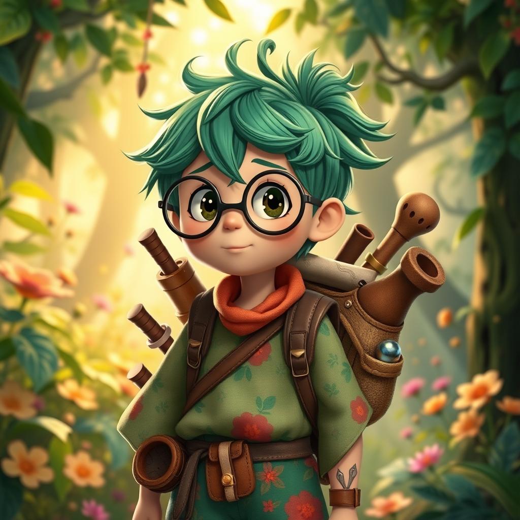 A whimsical character design for a sandbox video game inspired by Studio Ghibli, featuring a young adventurer with an adventurous spirit