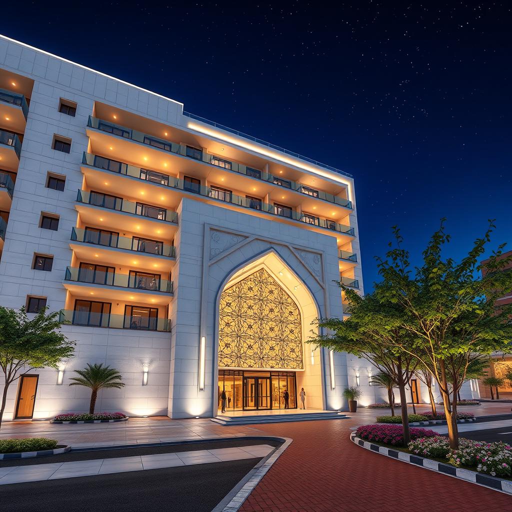 A modern and futuristic 7-story building facade incorporating Iranian architectural elements, showcasing white travertine stone with striking laminated glass railings