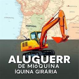 A banner featuring a detailed map of Portugal as the background, prominently displaying a retro excavator in the foreground