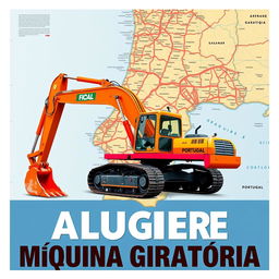 A banner featuring a detailed map of Portugal as the background, prominently displaying a retro excavator in the foreground
