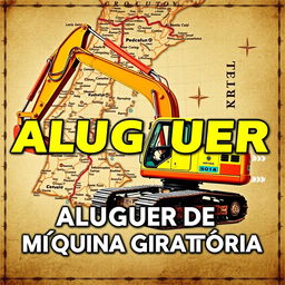 A banner featuring a detailed map of Portugal as the background, prominently displaying a retro excavator in the foreground
