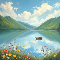 A serene landscape painting featuring a tranquil lake surrounded by lush green mountains, under a bright blue sky with fluffy white clouds
