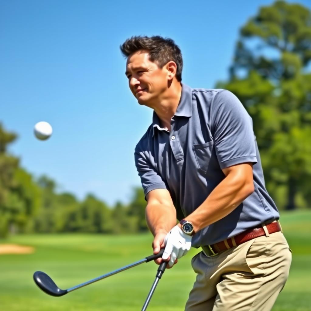 A 48-year-old man with a normal build, short dark hair, and a round shaved face, enjoying a sunny day on a golf course while playing golf