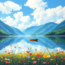 A serene landscape painting featuring a tranquil lake surrounded by lush green mountains, under a bright blue sky with fluffy white clouds