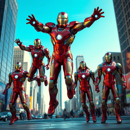 A scene depicting ordinary people transformed into superhero-like figures resembling Iron Man, showcasing shiny, high-tech armor with intricate designs, vibrant colors, and glowing elements