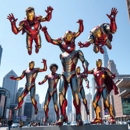 A scene depicting ordinary people transformed into superhero-like figures resembling Iron Man, showcasing shiny, high-tech armor with intricate designs, vibrant colors, and glowing elements