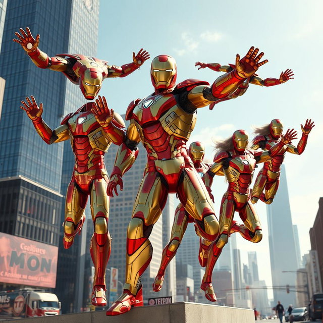 A scene depicting ordinary people transformed into superhero-like figures resembling Iron Man, showcasing shiny, high-tech armor with intricate designs, vibrant colors, and glowing elements