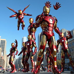 A scene depicting ordinary people transformed into superhero-like figures resembling Iron Man, showcasing shiny, high-tech armor with intricate designs, vibrant colors, and glowing elements