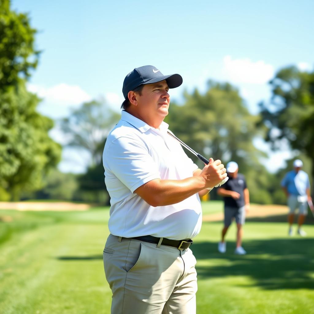 A 48-year-old man with a normal figure, short dark hair, and a round shaved face, enjoying a game of golf on a sunny day
