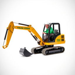 A mini golden and black crawler excavator prominently displayed with the text 'FOLHA VERDE - JARDINS' on its side