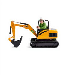 A mini golden and black crawler excavator prominently displayed with the text 'FOLHA VERDE - JARDINS' on its side