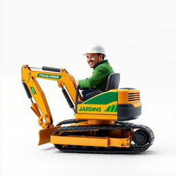 A mini golden and black crawler excavator prominently displayed with the text 'FOLHA VERDE - JARDINS' on its side