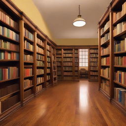 A traditional school library filled with rows of old wooden bookshelves, filled with an array of colorful books. A cozy reading area is set up, with comfortable chairs and warm lighting.