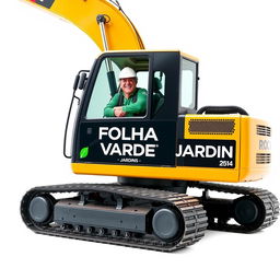 A crawler excavator in golden and black colors prominently displaying the text 'FOLHA VERDE - JARDINS' on its side