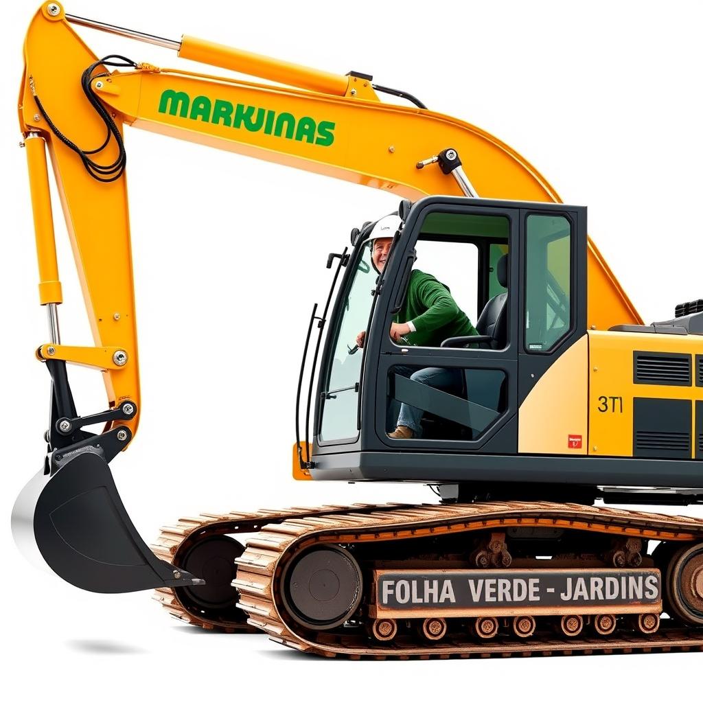 A crawler excavator in golden and black colors prominently displaying the text 'FOLHA VERDE - JARDINS' on its side