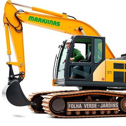 A crawler excavator in golden and black colors prominently displaying the text 'FOLHA VERDE - JARDINS' on its side