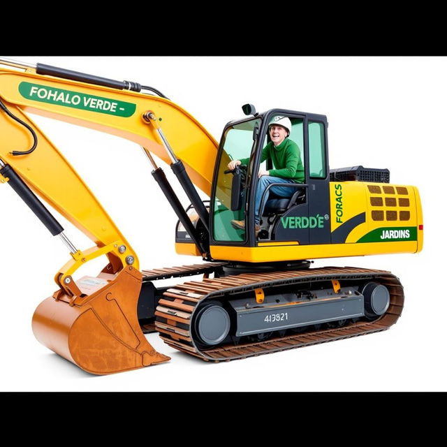A crawler excavator in golden and black colors prominently displaying the text 'FOLHA VERDE - JARDINS' on its side