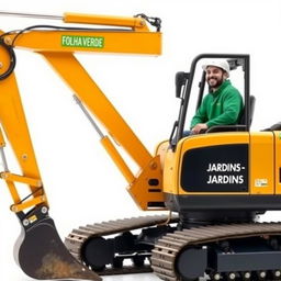 A crawler excavator in golden and black colors prominently displaying the text 'FOLHA VERDE - JARDINS' on its side