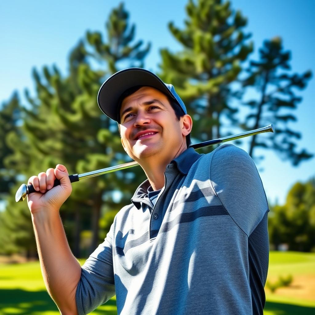 A 48-year-old man with a normal build and short dark hair, sporting a round shaved face, happily playing golf on a lush green course