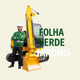 A golden and black crawler excavator, with an operator wearing a white helmet and a green sweater standing next to the machine