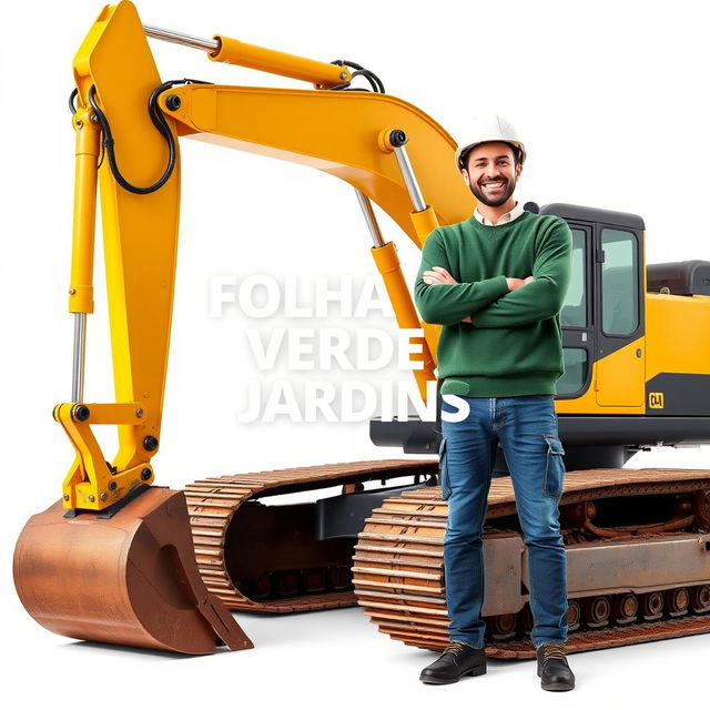 A golden and black crawler excavator, with an operator wearing a white helmet and a green sweater standing next to the machine