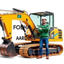 A golden and black crawler excavator, with an operator wearing a white helmet and a green sweater standing next to the machine